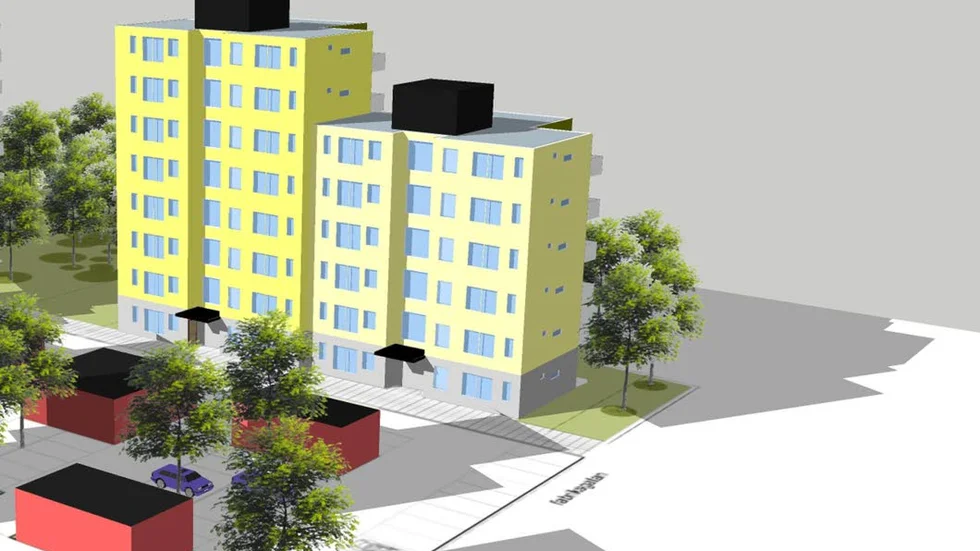 Två hus. Ett hus på åtta våningar och ytterligare ett hus på sex våningar ska Bostadsbolaget bygga vid Svartåstrand.