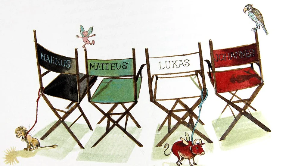 På plats under hela föreställningen är de fyra evangelisterna Markus, Matteus, Lukas och Johannes.