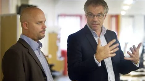Peter Ericson, vd för Norrbottens media, tillkännagav på onsdagen överraskande att han lämnar sin post. "Det finns ingen bra tajming för en ledare att sluta", konstaterar Norrköpings tidningars koncernchef Lennart Foss (till höger). FOTO: Göran Ström