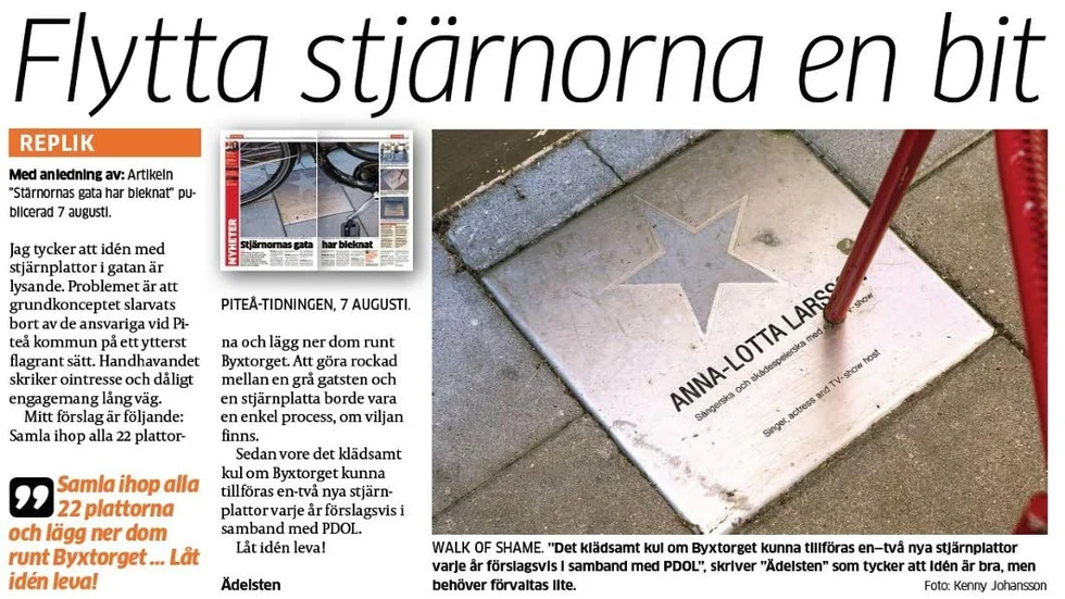 Piteå-Tidningen, 12 augusti. I sin insändare skrev "Ädelsten" att man borde flytta och fräsha upp det fina initiativet.