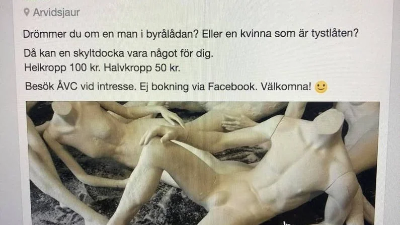 Annons. Återvinningscentralen försökte sälja flera skyltdockar, men annonsen blev inte uppskattad.