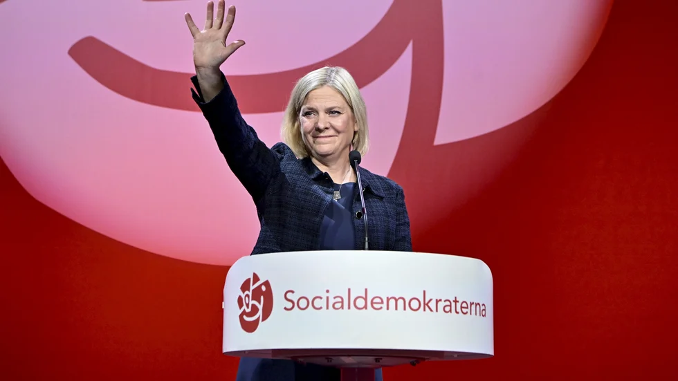 Socialdemokraternas partiledare Magdalena Andersson talar vid Socialdemokraternas valvaka.