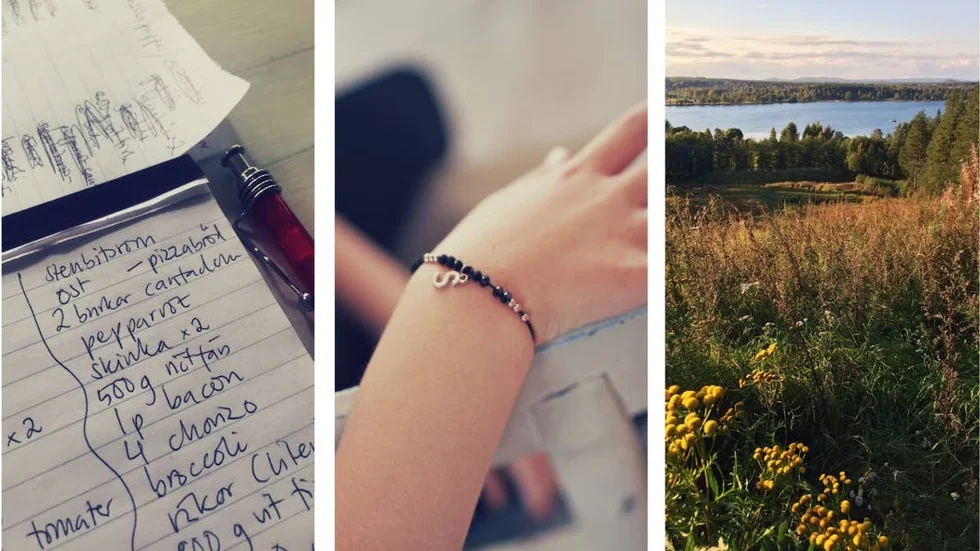 Bilder från veckan: Skriver handlingslista x 2. Först vad vi ska ha, sedan i turordning efter hur varorna kommer i butiken. S som i Siri, liten namnsdagsgåva i armbandsform. Backintervaller med utsikt. Springer in barfotaskor och har sedan träningsvärk i dagarna fem.