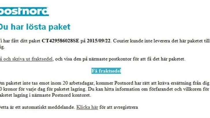 Så här ser bluffmejlet ut som kan lägga beslag på samtliga filer i din dator om du klickar på anvisad länk. (Arkivbild)