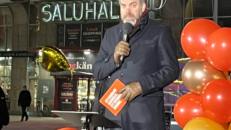 S-riksdagsledamoten Fredrik Lundh Sammeli höll tal i samband med manifestationen i Stockholm förra veckan. 