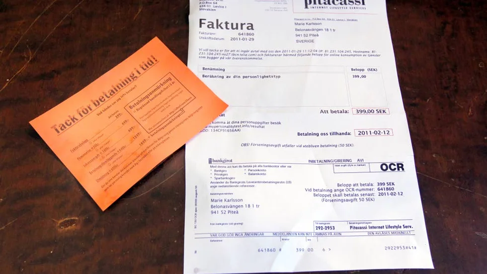 Bluffaktura. Så här kan en bluffaktura se ut. Fakturan på just den här bilden har inget med texten att göra.
