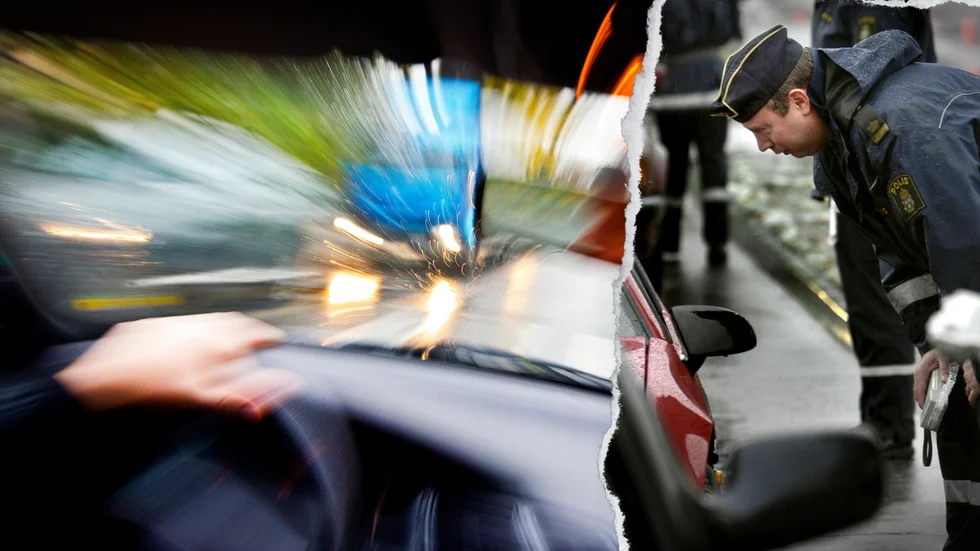 Festkvällen slutade med att den nu åtalade mannen väcktes av polis vid ratten. Bilden är ett montage och har ingenting med händelsen att göra.