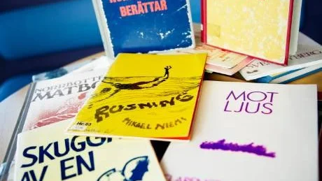 KULTURHISTORIA. Skrivarförlaget i Luleå hann ge ut över 100 böcker under perioden 1973 till 1990. På bilden syns bland annat Mikael Niemis fördebut, Peter Matteis överraskande diktarförsök samt Clarence Crafoords lyriska Luleåporträtt. Foto: Linn Fantenberg