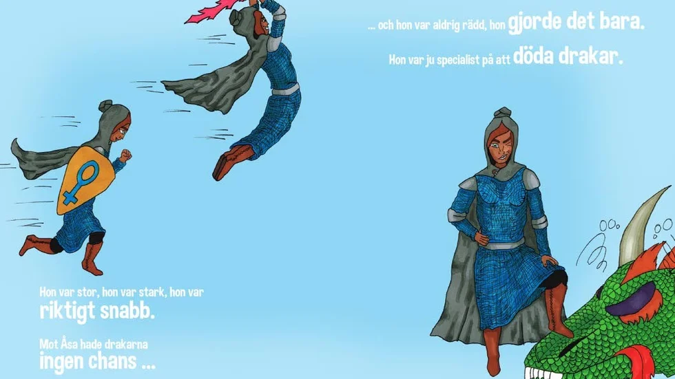 Bokuppslag. Sidorna 14-15 ur boken "Riddaren Åsa" med illustrationer av Patrik Lundmark.