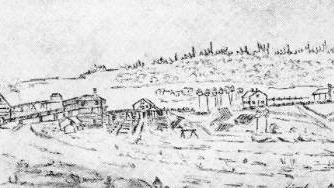 Rosfors bruk i början av 1840-talet som salpetersjuderidirektören C.J.F  Plagemann såg anläggningen och sedan tecknade ned. Till vänster syns kolhuset, i mitten masugnen och till höger kontors- och inspektorsbyggnad samt magasin.