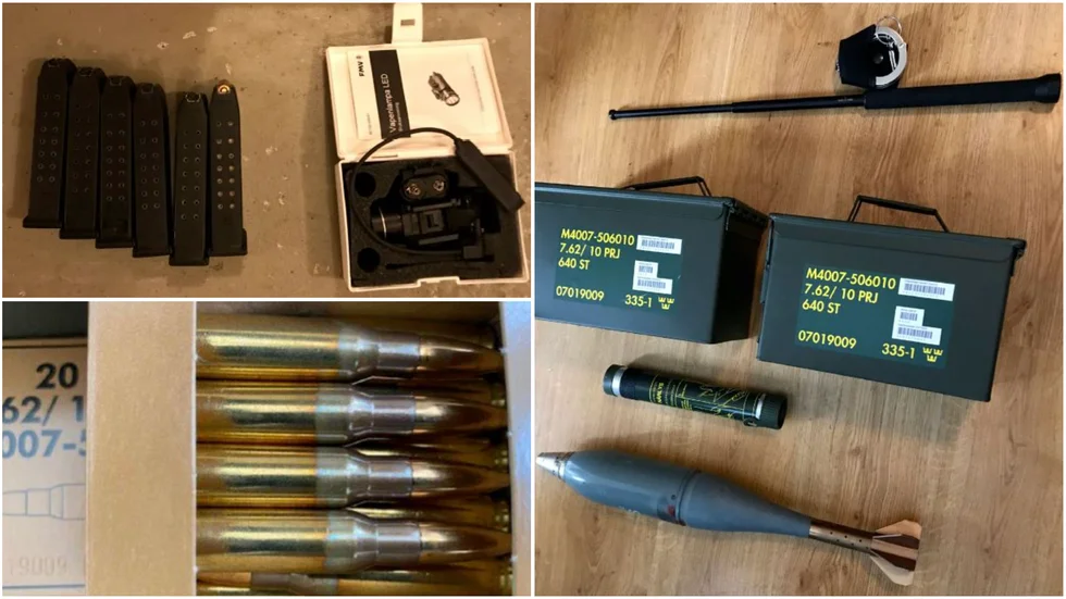 Bilder från förundersökningen. Till höger syns militär materiel i form av batong, ammunition och en lysgranat som hittades i 35-åringens vapenskåp. Lysgranaten har kontrollerats av Försvarsmakten som klassat den som inte farlig.