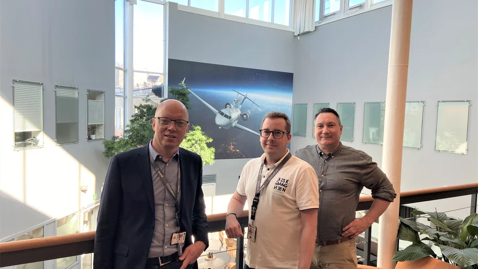 Saab i Luleå har vuxit rejält de senaste åren tack vare Saabs satsning på spanings- och ledningsplanet Globaleye. På bilden ses, från vänster, platschefen Magnus Tjärnberg, Henrik Isaksson och Mikael Töyrä, samtliga Saab.
