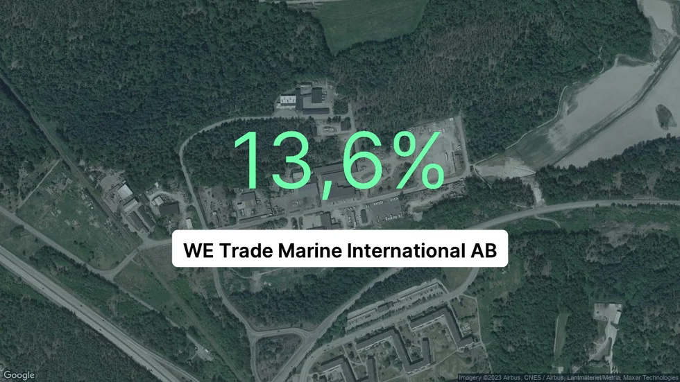 Illustrationen visar rörelsemarginalen för WE Trade marine international för det senaste året. Bakgrunden är en satellitbild över företagets adress.
