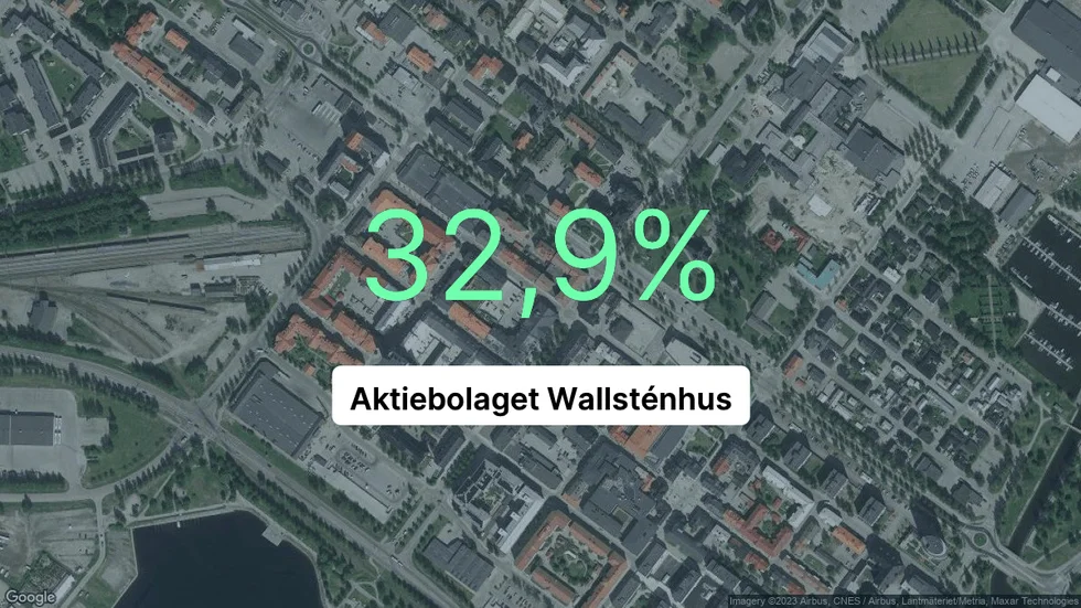 Illustrationen visar rörelsemarginalen för Wallsténhus för det senaste året. Bakgrunden är en satellitbild över företagets adress.