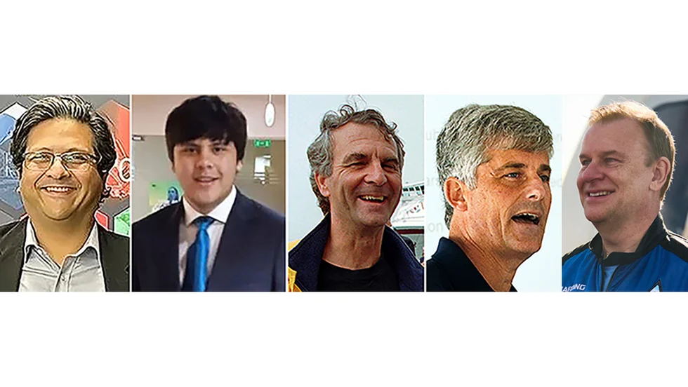 Från vänster: Shahzada Dawood, Suleman Dawood, Paul-Henry Nargeolet, Stockton Rush och Hamish Harding. Arkivbilder.