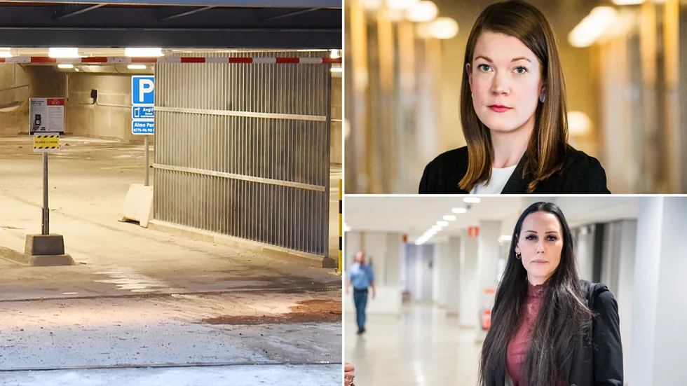 Det är i ett parkeringsgarage som den misstänkta misshandeln ska ha skett. Högst upp åklagare Kristin Andersson, längst ner advokat Anna Melander.