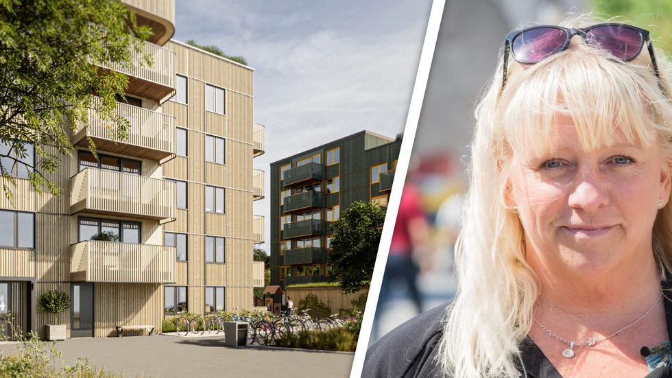 Skiss över Gotlandshems projekt Gråbo ängar, med 300 planerade bostads- och hyresrätter. Till höger Meit Fohlin (S).