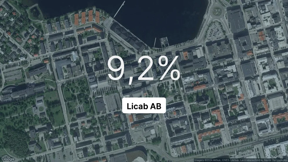 Illustrationen visar rörelsemarginalen för Licab för det senaste året. Bakgrunden är en satellitbild över företagets adress.
