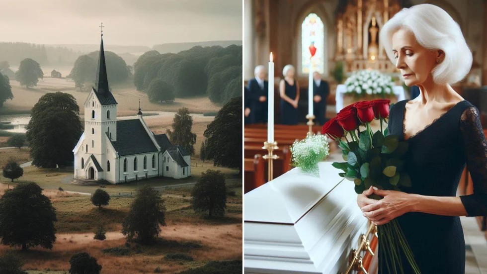 Vem är den mystiska kvinnan som dyker upp på Ernst Molins begravning i Loftahammars kyrka? Bilden är framtagen med hjälp av AI.