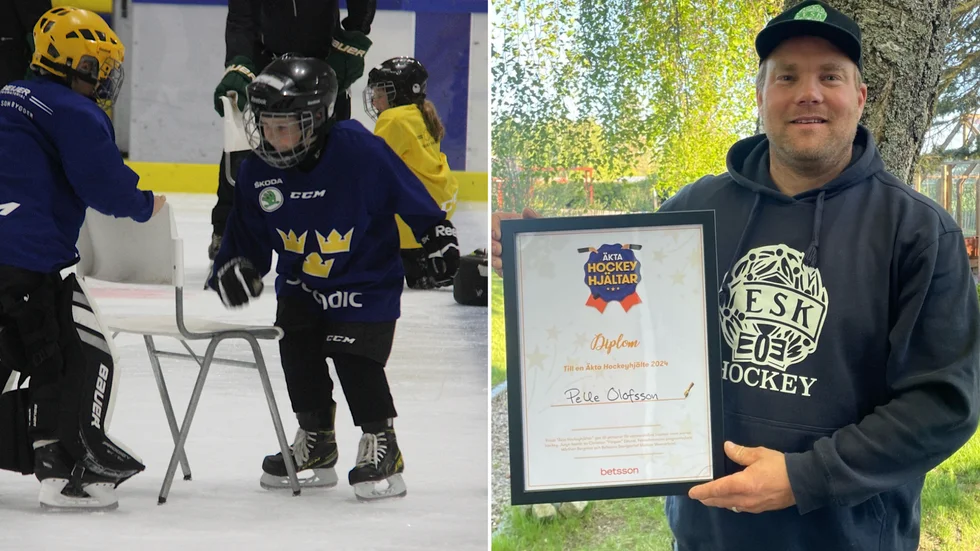 Pelle Olofsson prisas för sina insatser i ungdomshockeyn i Enköping.