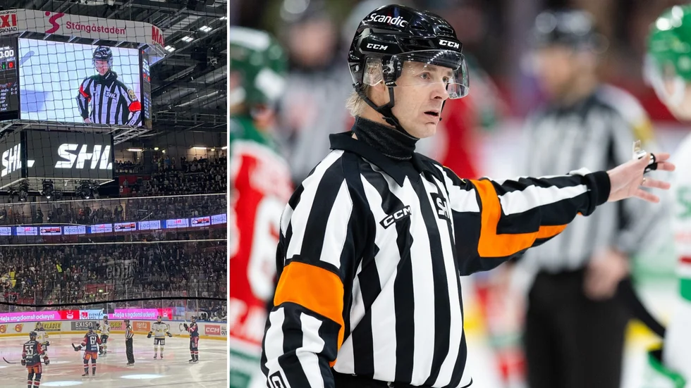 Mikael Andersson i fokus i Linköping i lördags (lilla bilden) då han avslutade karriären efter exakt 400 uppdrag i Elitserien/SHL. På bilden till höger syns Mariefredsbon under en match tidigare i vinter mellan Frölunda och Rögle.