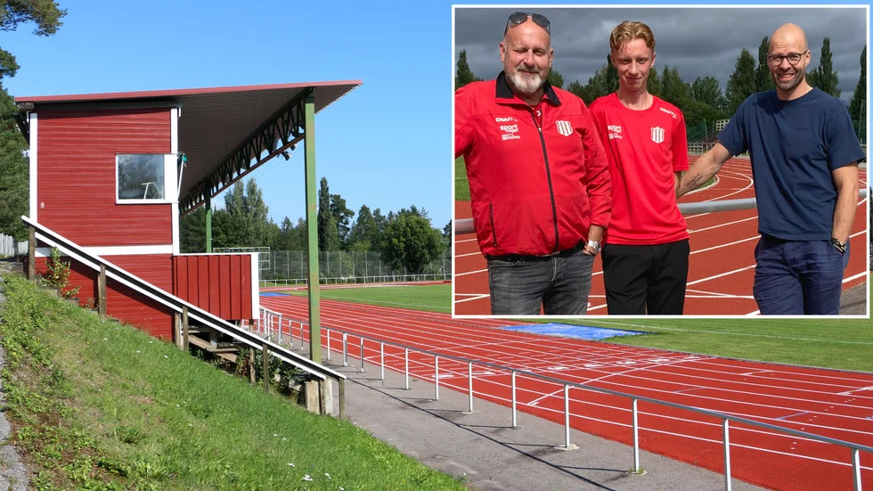 Peter Ridderstråle (vänster) och Stefan Thomson (höger) vill se att satsningarna som ska göras på LF Arena också blir bra för friidrotten. I mitten står Felix Ridderstråle, aktiv friidrottare i PIF, vars förening ökat från cirka 50 till 220 medlemmar under det senaste decenniet. 