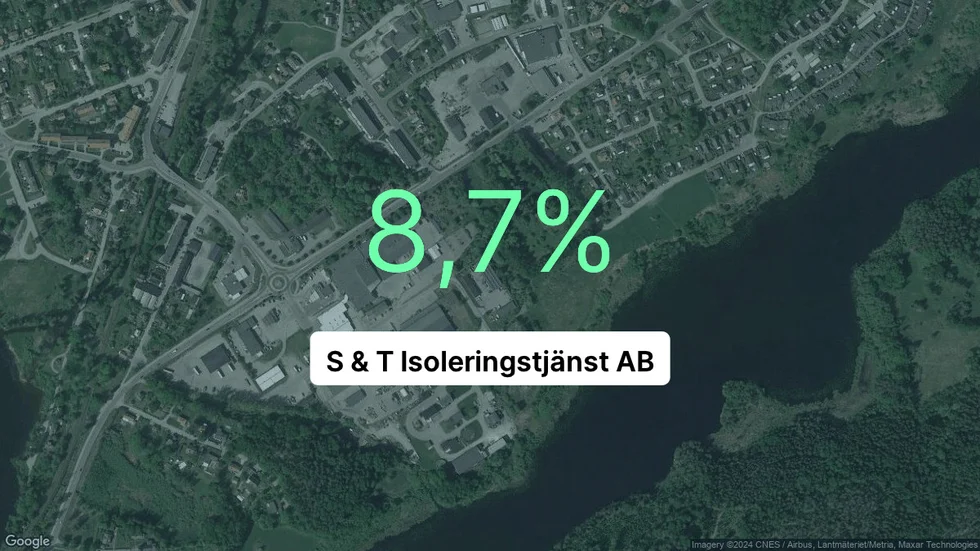 Illustrationen visar rörelsemarginalen för S & T Isoleringstjänst för det senaste året. Bakgrunden är en satellitbild över företagets adress.