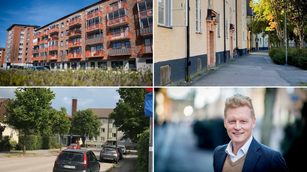 Nybyggt är ofta dyrare, som i kvarteret Hästen i centrum. På Bondegatan, nere till höger, finns både dyrare lägenheter och Katrineholms just nu billigaste lilla lya, som hyrs ut av Hyreshuset, där Fredrik Ydevall till höger är vd. 