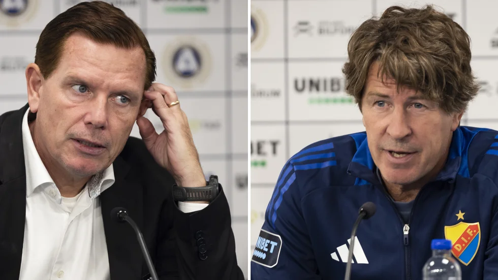 Siriustränaren Christer Mattiasson (t v) och kollegan i Djurgården, Thomas Lagerlöf, under presskonferensen på Studenternas.