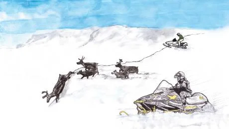 Två skoterförare hetsade renarna utför branten. Enligt Patrik Strömsten var skoterförararna ungdomar. Illustration: Fredrik Öhman