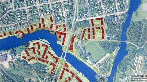 Utvecklingsplan för Vassara. Ett stadsnära boende vid vatten, flerbostadshus, radhus och friliggande hus på båda sidor om älven med strandpromenader på båda sidorna.FOTO: ALMA arkitekter AB
