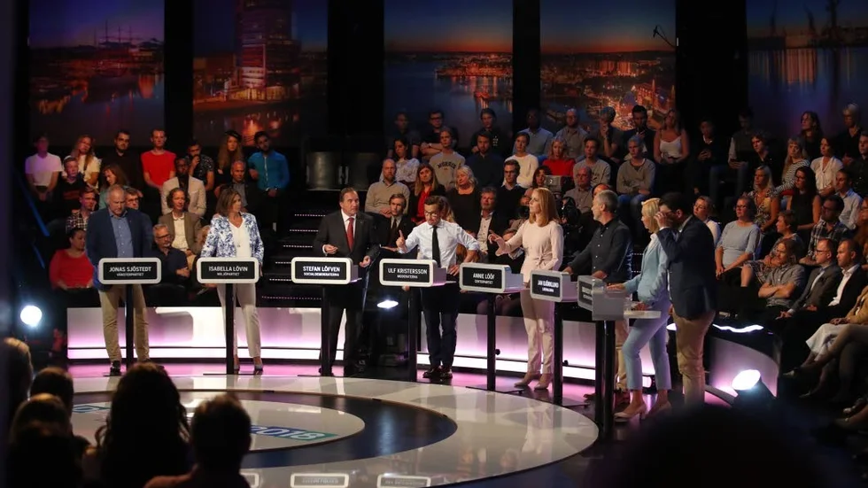 Partiledarna Jonas Sjöstedt (V) Isabella Lövin (MP) Stefan Löfven (S) Ulf Kristersson (M) Annie Lööf (C) Jan Björklund (L) Ebba Busch Thor (KD) och Jimmie Åkesson (SD) vid en partledardebatt arrangerad av Expressen TV och Dagens Industri.
