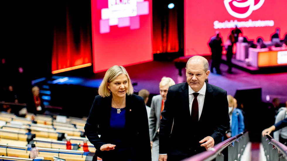PARTIKONGRESS. Tysklands nuvarande förbundskansler Olaf Scholz var på plats på den socialdemokratiska kongressen i Göteborg när Magdalena Andersson valdes till ordförande förra året.
