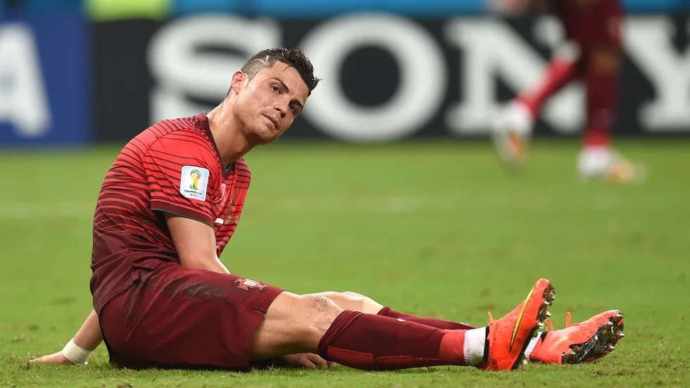 Portugal's Cristiano Ronaldo reacts during the group G World Cup soccer match between the USA and Portugal at the Arena da Amazonia in Manaus, Brazil, Sunday, June 22, 2014. (AP Photo/Paulo Duarte)