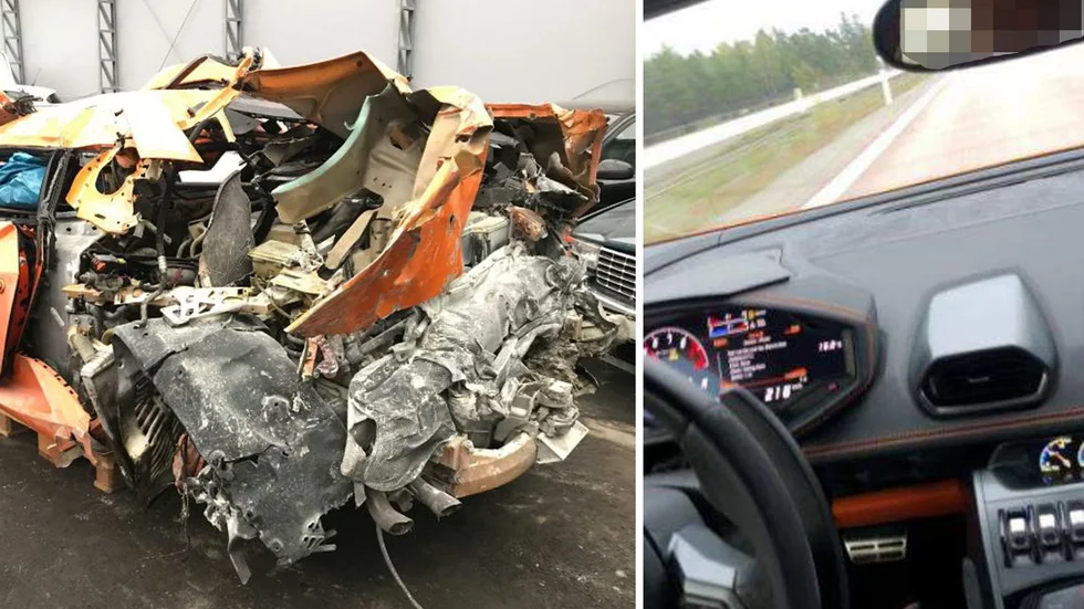 Vännen som filmade i 289 km/h dog i kraschen. Till höger en bild från filmen, där man ser att 38-åringen vid det tillfället kör i 218 km/h.