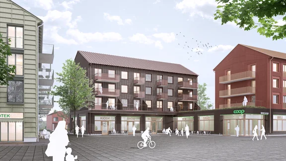 Det tänkta torget i Södra Gunsta kommer ha utrymme för butiker på bottenvåningen av husen och bostäder ovanpå.