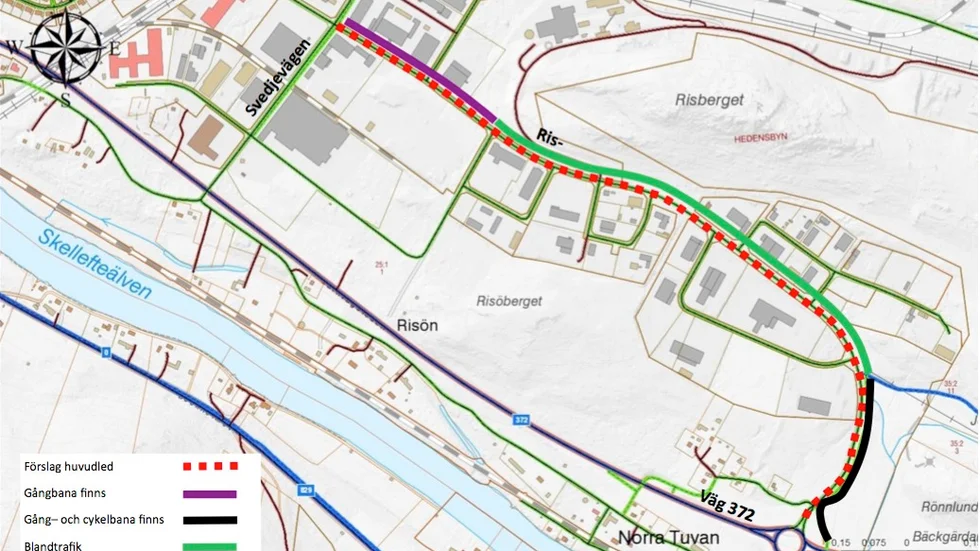 Förslagsställaren ville ha huvudled längs den streckade linjen.