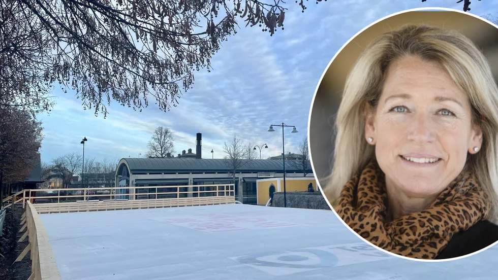 Louise Magnusson gläds åt isbanan på torget. 