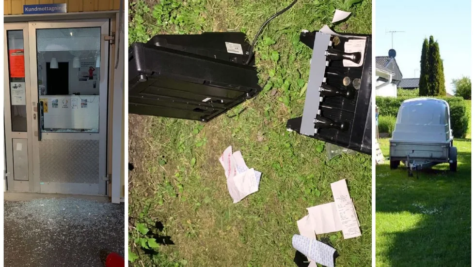 Dörrfönstret till bilverkstaden i Tierp krossades med brandsläckare. Kassaapparaten togs och hittades i ett närliggande villaområde. Tjuvarna gömde sig i en släpvagn med kåpa. 