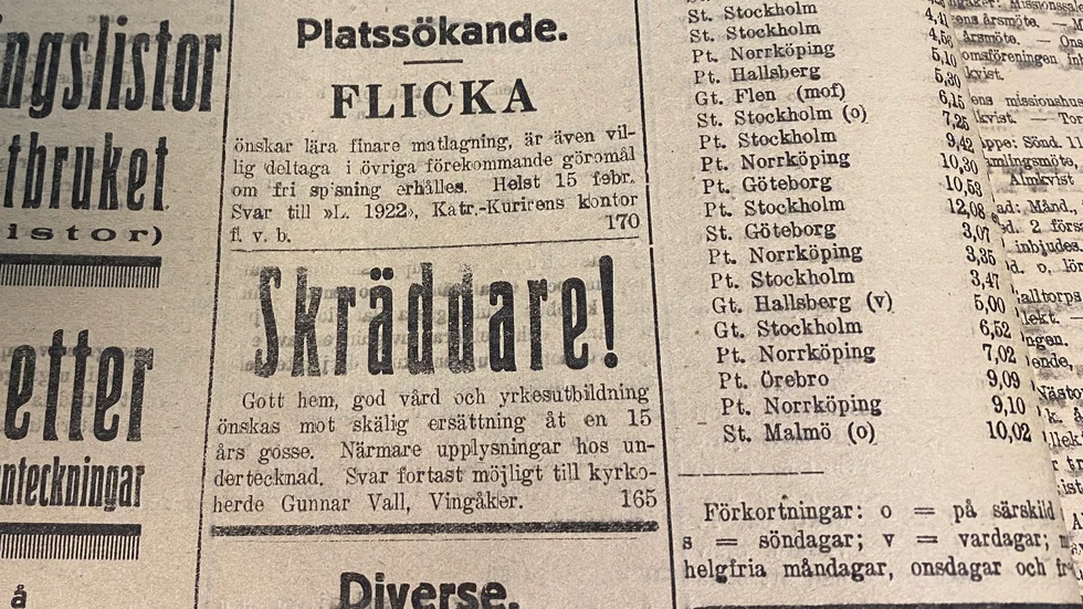En flicka som ville lära sig finare matlagning och en pojke som ville bli skräddare sökte platser 1922.