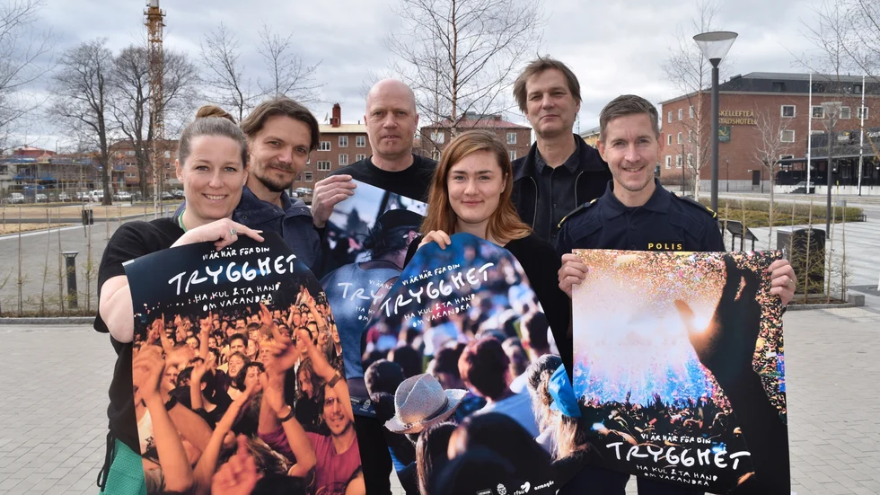 Helena Renström, Skellefteå kommuns marknadschef, Pelle Ullholm, sexualupplysare RFSU, Gunnar Karlsson, Stadsfesten, Agnes Lundmark, Trästockfestivalen, Joppe Pihlgren, Livemusik Sverige och Andreas Welin, insatschef Way out west, vill alla dra sitt strå till stacken för att sommarens festivaler ska bli tryggare. Foto: Elisabeth Eriksson.