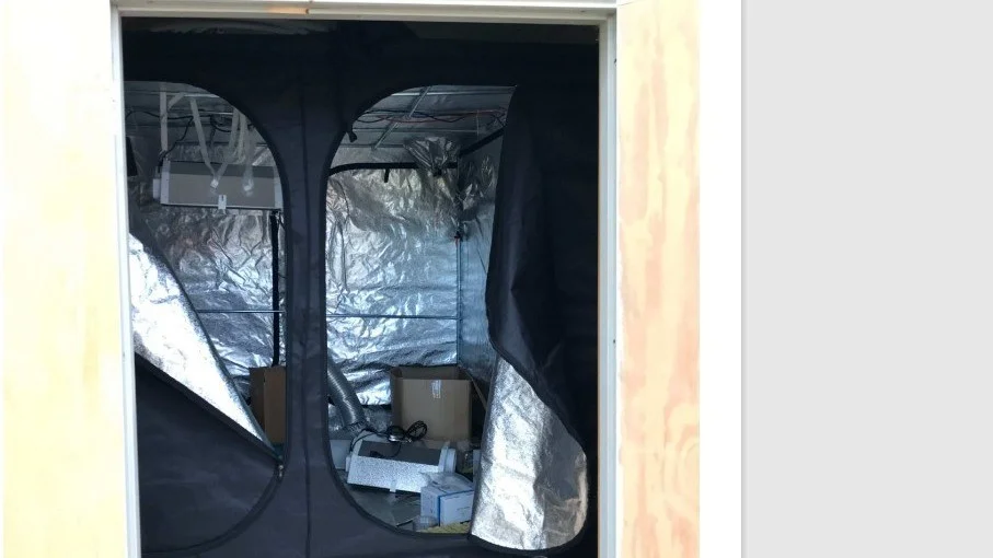 Ett odlingstält utrustat med ventilation och fläktar var uppställt i ett uthus på mannens gård.