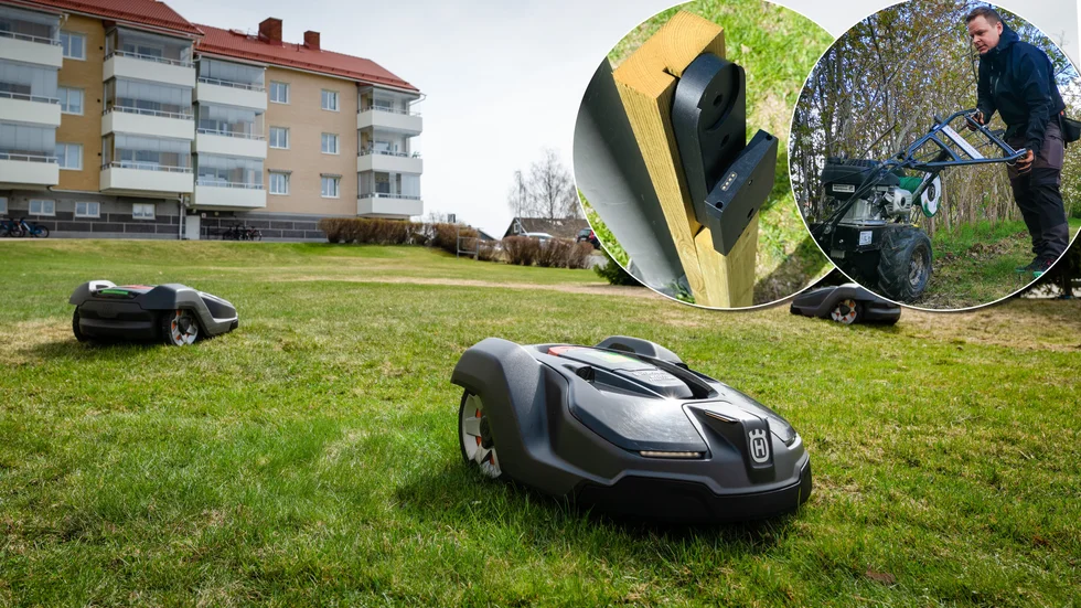 De "mystiska" stolpar som syns i bland annat Rothoffsparken, är i själva verket fästen för batteridrivna basstationer till robotgräsklippare. Dennis Ericson är försäljningschef på företaget RLCS som kommunen leasar tjänsten av. På bilden fräser han ner begränsningskabel till gräsklipparna.