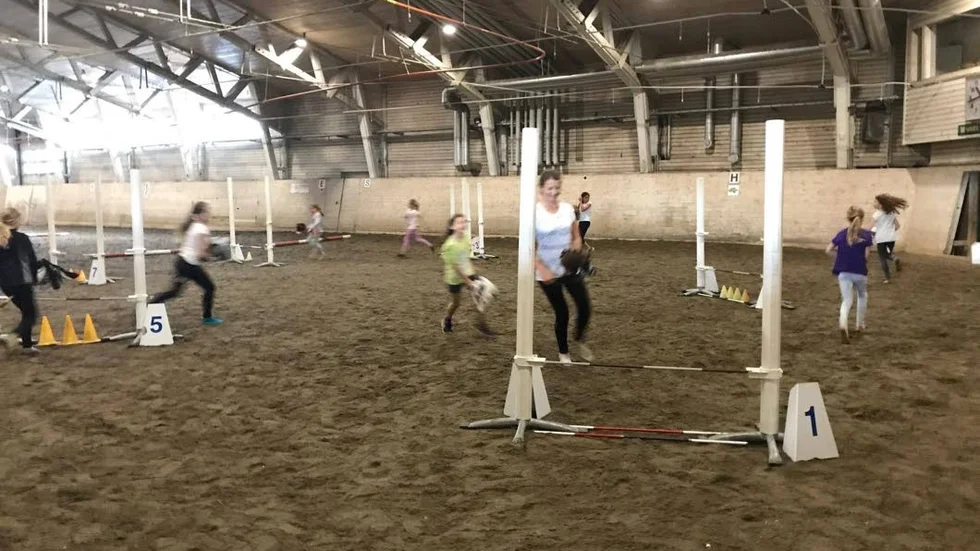 Läger. På lägret på Bodens ridklubb skuttar barnen omkring i ridhuset på käpphästar.