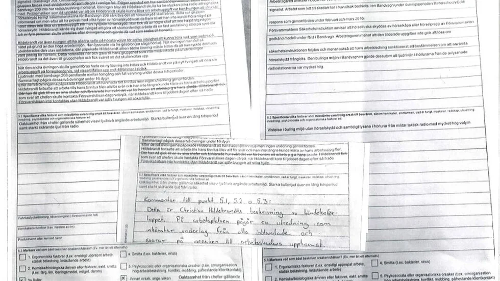 TRE VERSIONER. Till vänster är den första versionen av arbetsskadeanmälan som Christian Hildebrandt fick två kopior av med sig hem utan underskrift. I mitten en del av version två med handskrivna kommletteringar och till höger version tre som arbetsgivaren I 19 skickade in till Försäkringskassan och som är helt förändrad. Bland annat är noteringen om oaktsamhet från chefer borttagen. Samtliga sidor utgöär sid tre i anmälan.