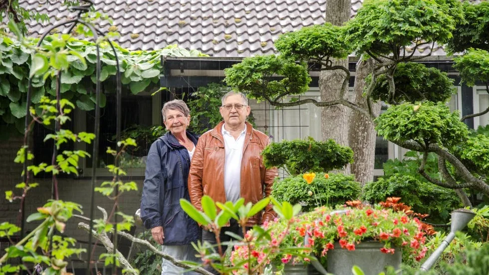 Yvonne och Åke Pettersson vid bonsaialmen som blev startskottet för deras imponerande trädgårdsodling.