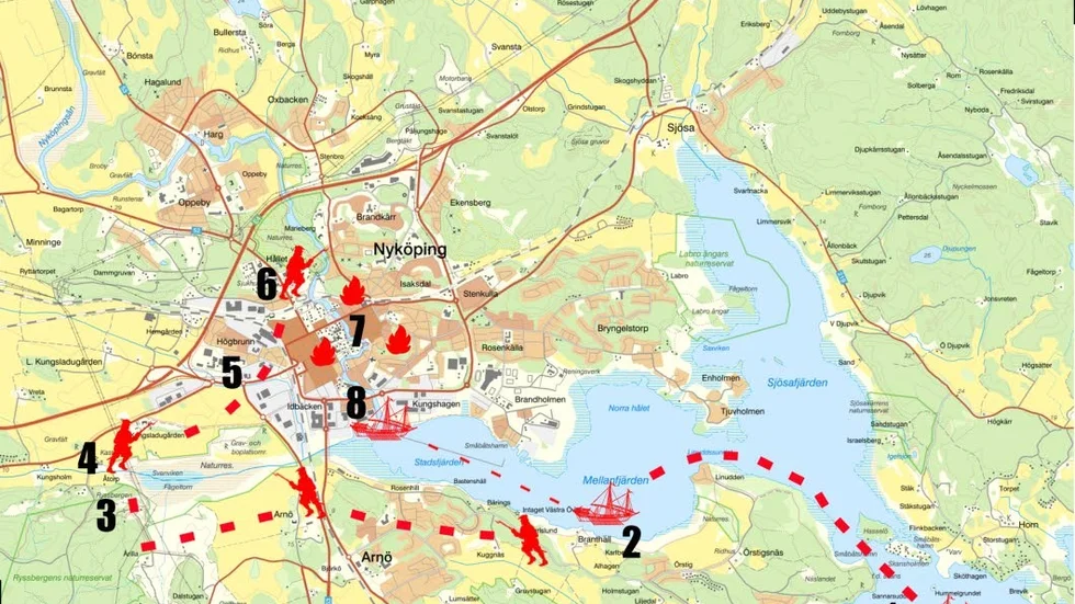 Så tog sig ryssarna in i Nyköping

1. Ryssarna rör sig in mot Nyköping via Skanssundet lördagen den 24 juli 1719.

2. De ryska fartygen­ lägger till vid Branthäll. Här släpps trupper­na i land.

3. Efter att ha passerat Arnö når styrkan Ryssbergen. Trupperna försöker beskjuta Nyköping med kanoneld men når inte fram.

4. Kungsbro bränns ner över Kilaån av svenska trupper. Ryssarna låter­ sig inte hejdas utan vadar istället över ån.

5. I området kring Gumsbacken an­faller svenska trupper. Den ryska styrkan stoppas tillfälligt och övernattar.

6. Söndagen den 25 juli fortsätter­ med småstrider vid Hållet. Karoliner­prästen Andreas Samuel Pihl, senare känd som Prosten Pihl, leder bland annat en mindre grupp bönder.

7. Nyköping plundras och förstörs hela dagen a