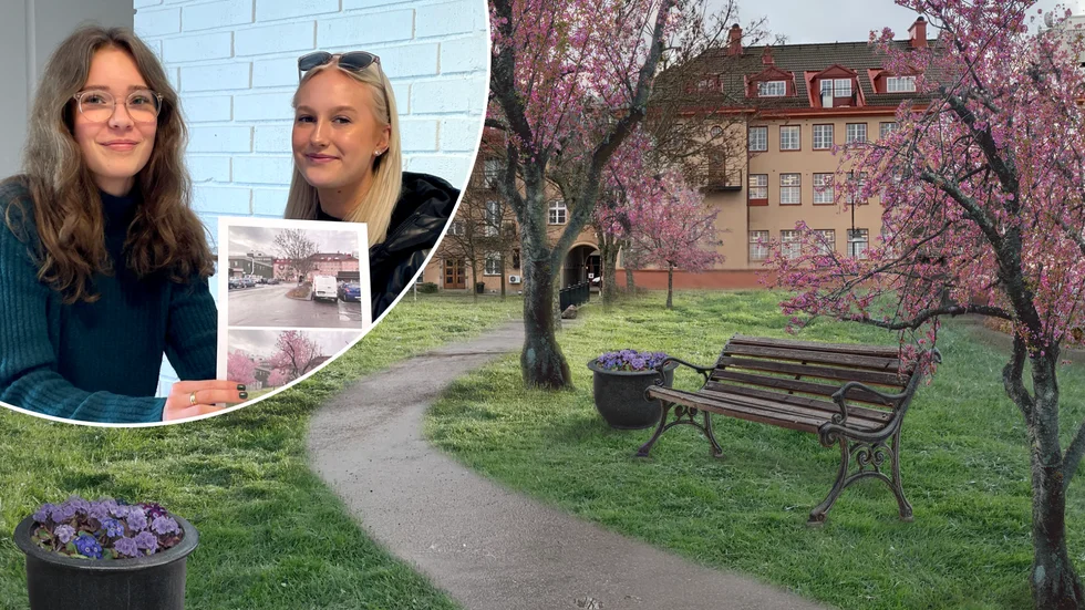 Elsa Svensson och Maja Sander vill omvandla parkeringen vid Sörmlands sparbank till grönområde. 