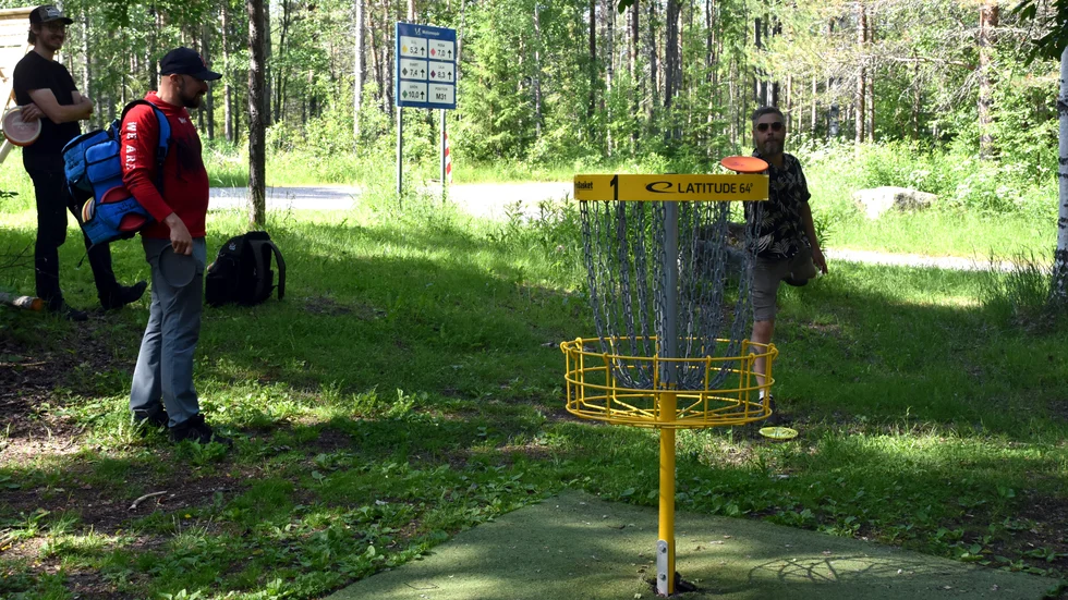 Ordförande i Luleå discgolfförening Anton Moss (till höger) puttar mot korgen, medan Ozren Catak (mitten) och Tom Andersson (t.v) tittar på. 