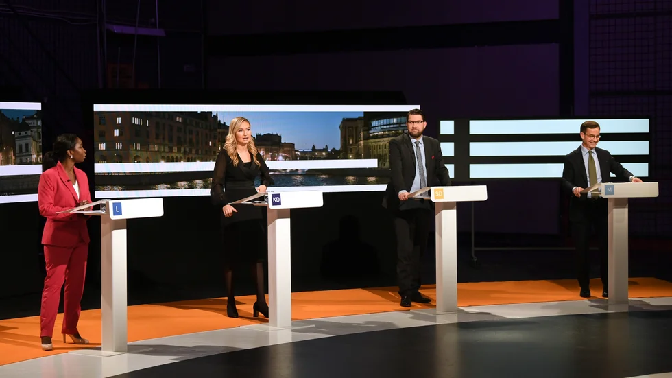 De fyra partiledarna Nyamko Sabuni, Ebba Busch, Jimmie Åkesson och Ulf Kristersson från L, KD, SD och M som utgör högerblocket.